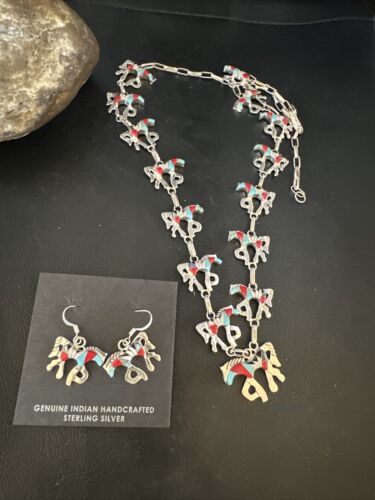 Navajo Turquoise Coral Mother of Pearl Horse Inlay Necklace & Earrings Set | Sterling Silver | Authentic Native American Handmade