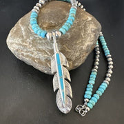 Men's Turquoise Inlay Feather Pendant Necklace | Sterling Silver | Authentic Native American Handmade | 17249