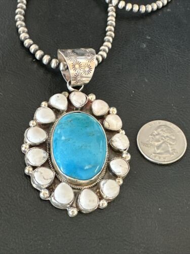 Navajo Blue Turquoise White Cluster Pendant Necklace | Sterling Silver | Multi-Stone | 17391