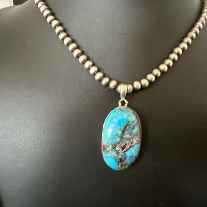 Navajo Blue Spiderweb Turquoise Pendant Necklace | Sterling Silver | Authentic Native American Handmade | 17017