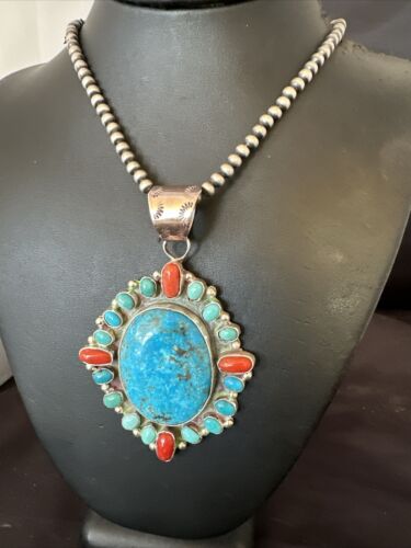 Navajo Red Spiny oyster | Blue Turquoise Pendant Necklace | Sterling Silver | Multi-Stone | 17148