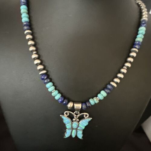 Navajo Butterfly Blue Opal Turquoise Inlay Pendant Necklace | Sterling Silver | Native American Handmade | 16760