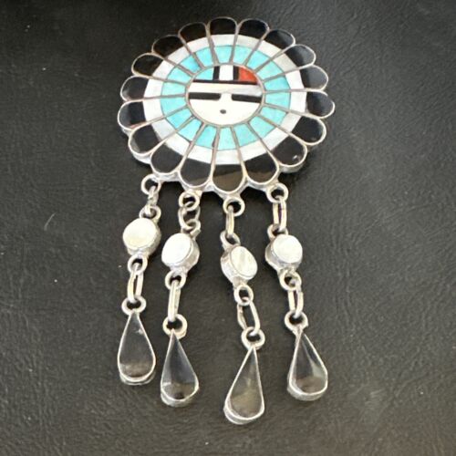 Sunface Zuni Inlay Turquoise Mother of Pearl Pin Pendant | Sterling Silver | Authentic Native American Handmade | 15177