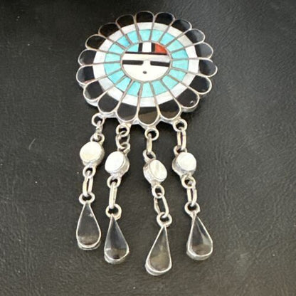 Sunface Zuni Inlay Turquoise Mother of Pearl Pin Pendant | Sterling Silver | Authentic Native American Handmade | 15177