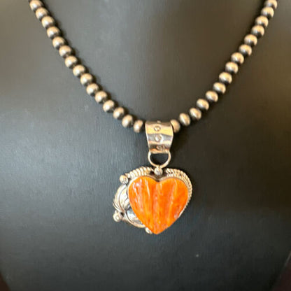 Navajo Orange Spiny Oyster Heart Pendant Necklace | Sterling Silver | Authentic Native American Handmade | 16413