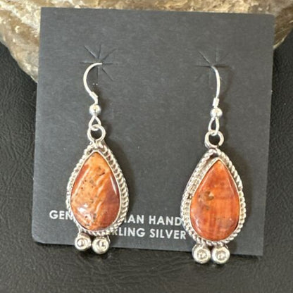 Navajo Orange Spiny Oyster Dangle Earrings | Sterling Silver | Authentic Native American Handmade | 17267