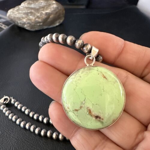 Navajo Green Gaspeite Pendant Necklace | Sterling Silver | Authentic Native American Handmade | 15491