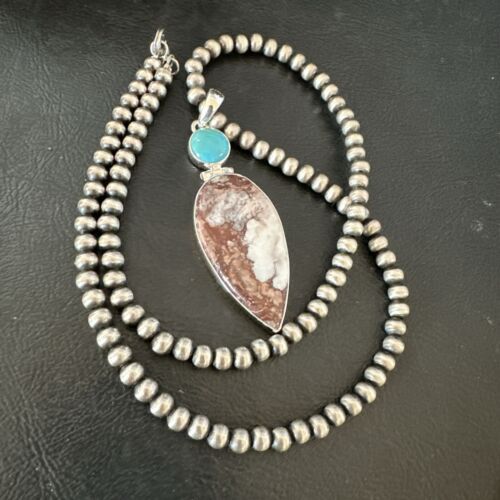 Navajo Wild Horse Blue Kingman Turquoise Necklace | Sterling Silver | Authentic Native American Handmade | 17314