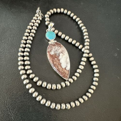 Navajo Wild Horse Blue Kingman Turquoise Necklace | Sterling Silver | Authentic Native American Handmade | 17314