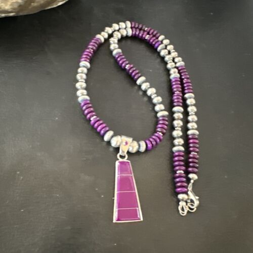 Navajo Purple Sugilite Inlay Pendant Necklace | Sterling Silver | Authentic Native American Handmade | 16763 - Masha USA