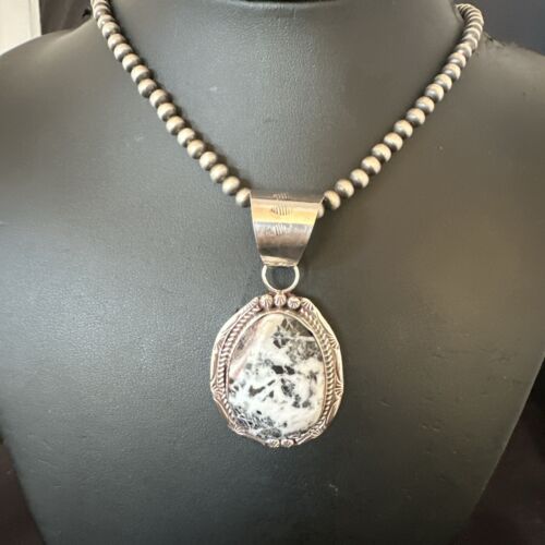 Men's White Buffalo Turquoise Pendant Necklace | Navajo Pearl Sterling Silver | 17041