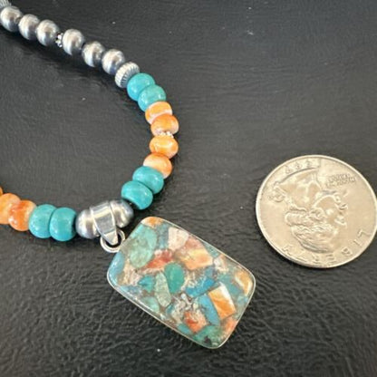 Navajo Spiny Turquoise Pendant Necklace | Sterling Silver | 22" | Authentic Native American Handmade | 17431