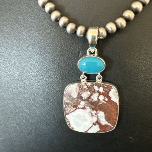 Men's Wild Horse Blue Kingman Turquoise Necklace | Sterling Silver SW Pendant | Multi-Stone | 17324