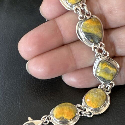 Navajo Bumblebee Jasper Link Bracelet | Sterling Silver | 8" | Authentic Native American Handmade | 16375