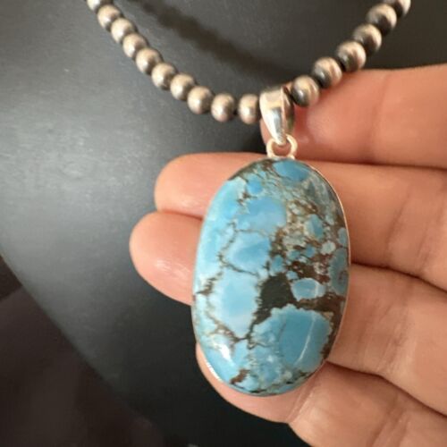 Navajo Blue Spiderweb Turquoise Pendant Necklace | Sterling Silver | Authentic Native American Handmade | 17019