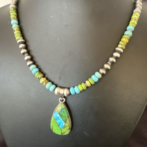 Navajo Blue Green Mojave Turquoise Pendant | Sterling Silver Pearl Necklace | Authentic Native American Handmade | 16923
