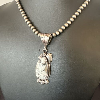 Navajo White Buffalo Turquoise Pendant Necklace | Sterling Silver | Authentic Native American Handmade | 17514