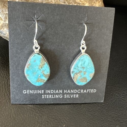 Navajo Blue Turquoise Dangle Earrings | Sterling Silver | 1" | Authentic Native American Handmade | 15806 - Masha USA