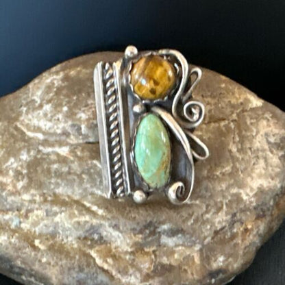 Navajo Turquoise Multi-Stone Adjustable Ring | Authentic Native American Sterling Silver | Sz 5 | 16891