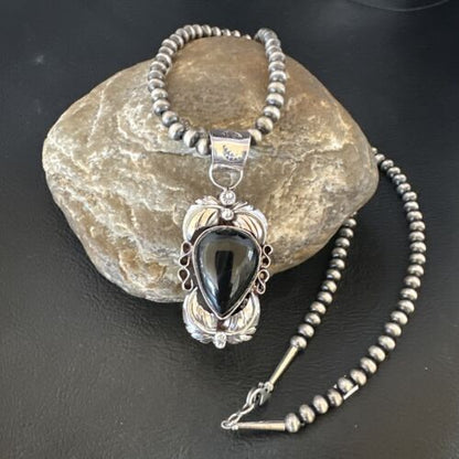 Native American Men's Pendant | Navajo Pearls | Sterling Silver Black Onyx Necklace | 16129