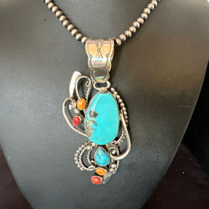 Navajo Kingman Turquoise | Spiny Oyster Necklace Pendant | Sterling Silver | Multi-Stone | 15950
