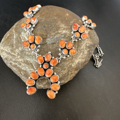 Navajo Orange Spiny Oyster Squash Blossom Necklace | Sterling Silver | Authentic Native American Handmade | 16830