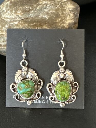 Navajo Green Sonoran Gold Turquoise Dangle Earrings | Sterling Silver | Authentic Native American Handmade | 14914