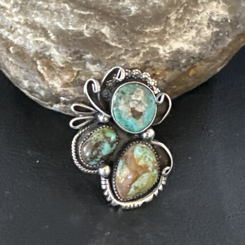 Navajo Green Turquoise Cluster Ring | Authentic Native American Sterling Silver | Multi-Stone | Sz 9 | 14841