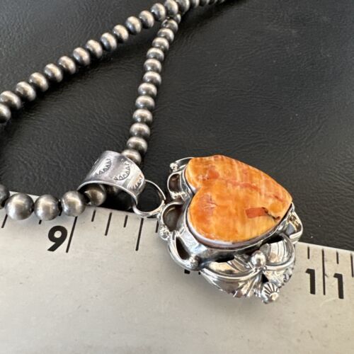 Navajo Orange Spiny Oyster Heart Pendant Necklace | Sterling Silver | Authentic Native American Handmade | 16447