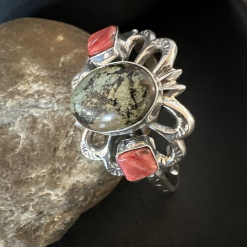 Navajo Green Turquoise & Coral Tufa Cast Cuff Bracelet | Sterling Silver | Authentic Native American Handmade | 16777