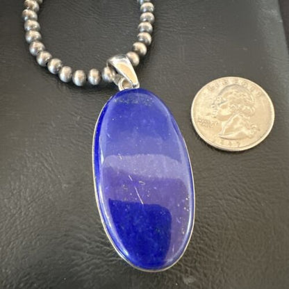 Navajo Blue Lapis Pendant with Pearls | Sterling Silver Necklace | 20" | Authentic Native American Handmade | 16666
