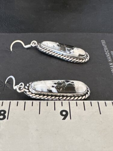 Navajo White Buffalo Turquoise Dangle Earrings | Sterling Silver | Authentic Native American Handmade | 16515