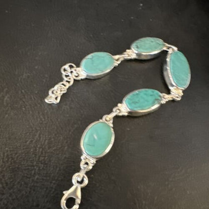 Navajo Blue Turquoise Link Bracelet | Sterling Silver | 8" | Authentic Native American Handmade | 15469
