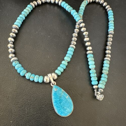 Navajo Pearls Kingman Turquoise Necklace | Sterling Silver Pendant | Authentic Native American Handmade | 17125