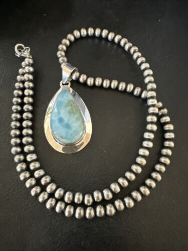 Navajo Blue Larimar Pendant Necklace | Sterling Silver Beads | Authentic Native American Handmade | 17565