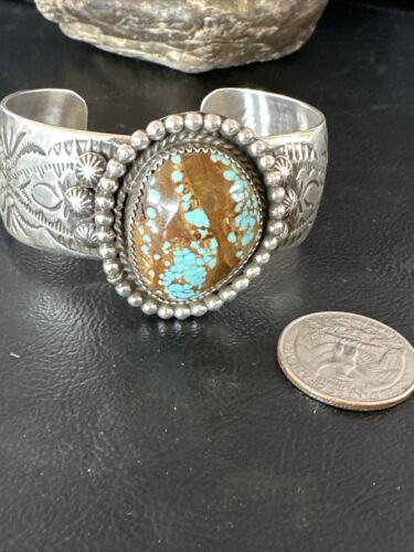 Navajo Men's Blue #8 Turquoise Cuff Bracelet | Sterling Silver | Authentic Native American Handmade | 15856