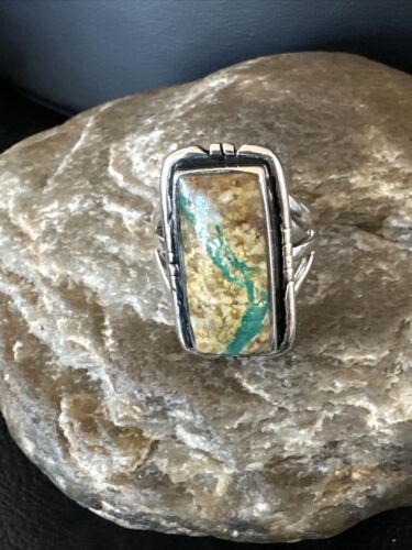 Navajo Ribbon Boulder Green Turquoise Ring | Sterling Silver | Sz 8 | Authentic Native American Handmade | 16385