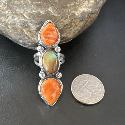Navajo Green Turquoise Spiny Oyster Multi-Stone Ring | Authentic Native American Sterling Silver | Sz 9.5 | 16715