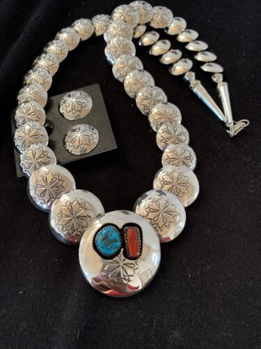 Navajo Coral Turquoise Necklace | Graduated Sterling Silver Pillow Stamped | 15635