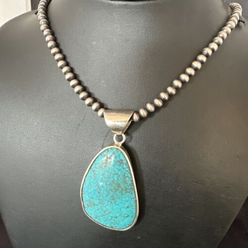 Men's Navajo Blue Spiderweb Turquoise Pendant Necklace | Sterling Silver | Authentic Native American Handmade | 16204