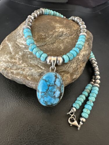 Navajo Blue Spiderweb Turquoise Pendant Necklace | Sterling Silver | Authentic Native American Handmade | 16649