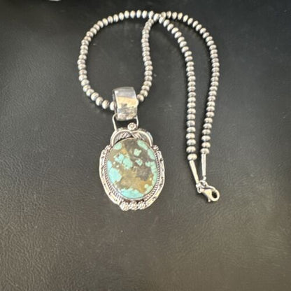 Men's Blue #8 Turquoise Pendant Necklace | Navajo Sterling Silver | Authentic Native American Handmade | 14974