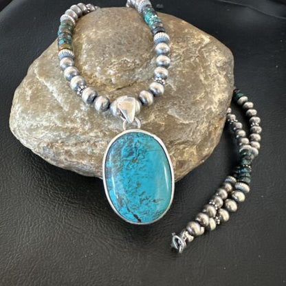 Men's Navajo Blue Spiderweb Turquoise Pendant Necklace | Sterling Silver | Authentic Native American Handmade | 16243 - Masha USA