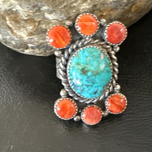 Navajo Turquoise & Spiny Oyster Cluster Ring | Authentic Native American Sterling Silver | Multi-Stone | Sz 8 | 16330