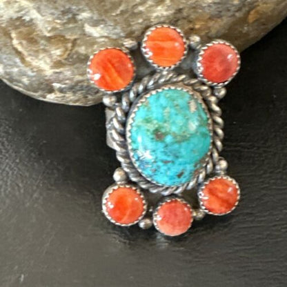 Navajo Turquoise & Spiny Oyster Cluster Ring | Authentic Native American Sterling Silver | Multi-Stone | Sz 8 | 16330