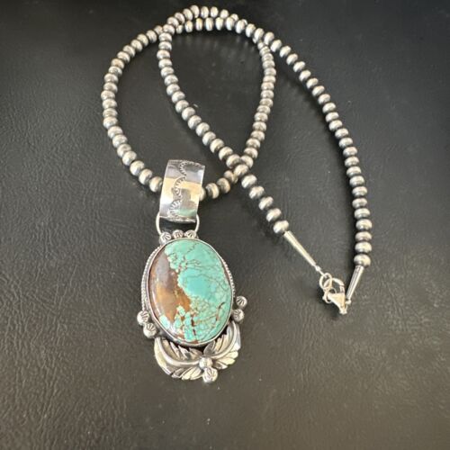 Men's Blue #8 Turquoise Pendant Necklace | Navajo Sterling Silver | Authentic Native American Handmade | 14975
