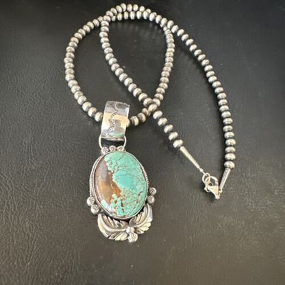 Men's Blue #8 Turquoise Pendant Necklace | Navajo Sterling Silver | Authentic Native American Handmade | 14975