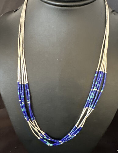 Navajo Blue Green Azurite 5-Strand Necklace | Sterling Silver | 20" | Authentic Native American Handmade | 15134