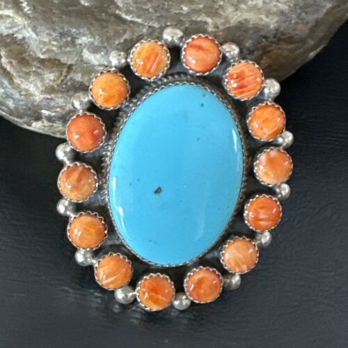 Navajo Women's Cluster Turquoise Spiny Oyster Ring | Authentic Native American Sterling Silver | Multi-Stone | Sz 12 | 16026 - Masha USA