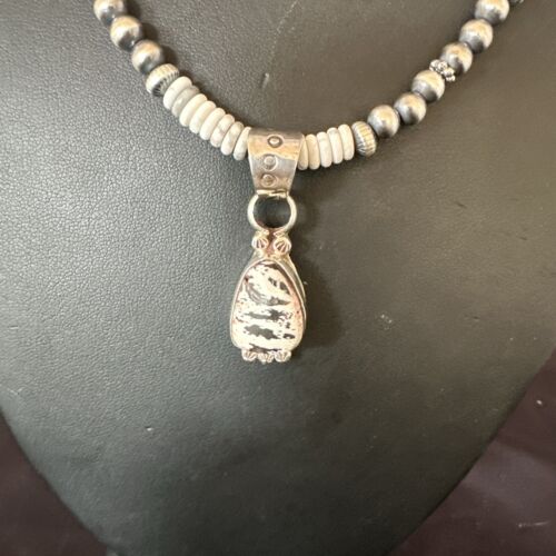 Navajo White Buffalo Turquoise Pendant Necklace | Sterling Silver | Authentic Native American Handmade | 17349